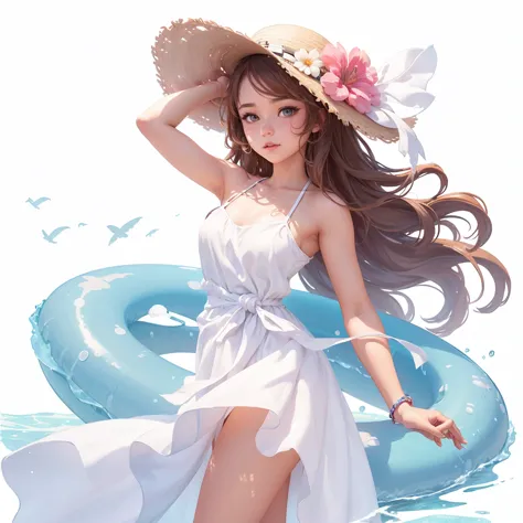 half-length view，a beautiful girl，swim ring in hand，wearing a white beach dress，wearing a hat，side profile looking into the dist...