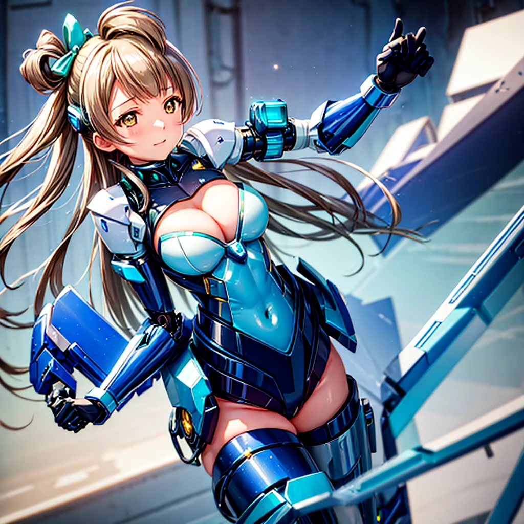 obra maestra, alta calidad, Durante la operación de modificación mecanizada、minami kotori, que se ha convertido en un cyborg de cuerpo mecánico、Cirugía de modificación corporal cyborg ginoide、Armadura de leotardo azul y blanco.、Un cuerpo mecanizado con precisión、imagen única、desde el frente,poner todo el cuerpo