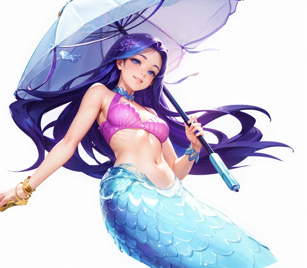  Half-length view，A beautiful girl，Sweet smile，Sweet Girl，Mermaid，Hold an umbrella in hand，Look down，Profile，sideways，Raise your hand，Posing for photos，Side View，Swimsuit，Mermaid，Filming，Idle game icons，High-definition characters，Digital character illustration，Disney art style、 The hero&#39;s image in Clash Royale，Realistic Characters，Character style，Backlight，Charming character illustration style，The best quality of masterpieces，，Clean background IW 2 ，Super Detail，16K，Textured Skin，High Detail，3D Rendering，Ray Tracing，Octane renderer，Blender renderer，C4D Renderer Aspects 9： 16 -- less than 5 -- with 180