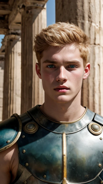 Portrait, 1boy, 20 years old, armor, warrior, ancient Rome, handsome, Greek model, ginger boy, readhead, albino, pale skin, green eyes, symmetrical, focus on the boy, medium shot, looking at the camera, film grain, young god greek, beauty, pose, super model, young god greek beauty, representation of a Greek god, glorious, majestic, supreme, nature, artistic portrait, artistic pose, photography award