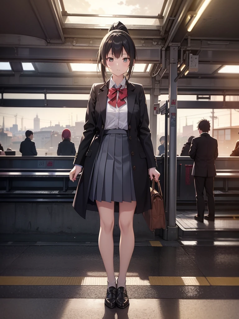 masutepiece, Best Quality, High resolution, Extremely detailed, Detailed background, Cinematic lighting, 1girl in, Looking at Viewer, midium skirt, Pleated skirt, Standing, Full body,  Sunlight, Waiting train, train station, Stand on the platform , City Girl,ponytail