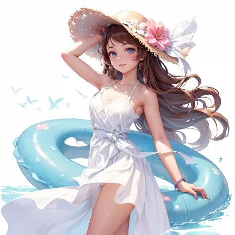 half-length view，a beautiful girl，swim ring in hand，wearing a white beach dress，wearing a hat，side profile looking into the dist...