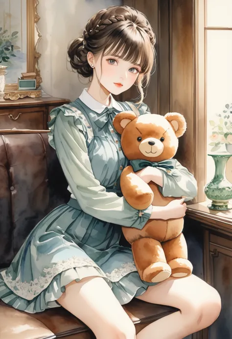 ((antique:1.5)),((hugging a teddy bear)),(teddy bear),beautiful and cute woman,1 female,solo,sharp features,sophisticated,((wate...