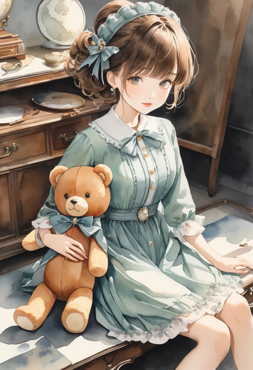 ((antique:1.5)),((hugging a teddy bear)),(Teddy bear),Beautiful and cute woman,1 Female,Solo,Sharp features,Sophisticated,((Watercolor:1.5)),whole body,超High resolution,((Attention to detail:1.5)),high quality,High resolution,最high quality,(vintage:1.4),(Cute pose:1.3),Dull color,So adorable,model like,Fluffy atmosphere,(Accurate body),((antiqueな服)),(Super Detail),Fashionable hairstyle,(Sitting),