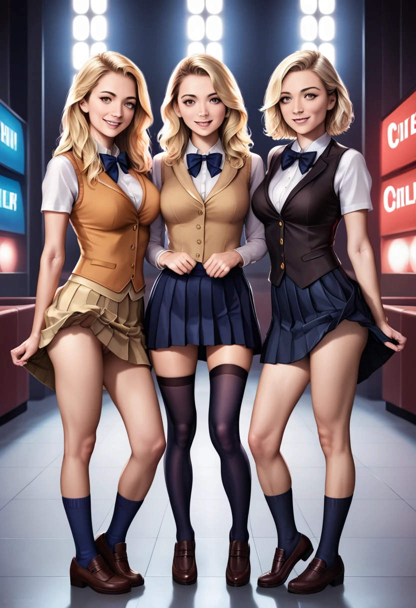 (masterpiece:1.2, Highest quality), (Realistic, photoRealistic:1.4), Beautiful illustrations, (Natural Side Lighting, Cinema Lighting), Written boundary depth, 
Looking at the audience, Front view, 3 girls, English, high school girl, 20-year-old, Perfect Face, Symmetrical cute face, Glowing Skin, Leg spread,
(Bob Hair:1.7,blonde), Asymmetrical bangs, Big eyes, Droopy eyes, long eyelashes chest), thin, 
Beautiful Hair, Beautiful Face, Beautiful and beautiful eyes, Beautiful clavicle, Beautiful body, Beautiful breasts, Beautiful thighs, Beautiful legs, Beautiful fingers, 
((Quality fabric texture, Knitted Vest, Pleated skirt, Navy bow tie)), 
(Beautiful views), Are standing, (smile, Superior, Open your mouth),  (((Skirt Lift, No pants, Genitals are visible))), Full Body Shot, Dark blue socks, Sexy Face,