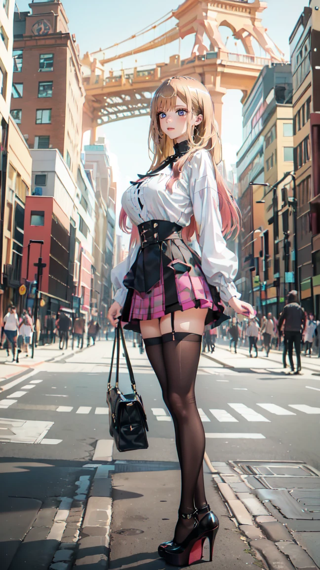 ((masterpiece, high resolution, better quality, better details)), ((Marin Kitagawa)), ((Smiling)), ((one girl)) a girl modeling standing in the city, mini skirt, blouse, ((big neckline)), ((platform high heels)), pink eyes with black outline, (light blonde hair, straight hair, straight bangs, long hair)), long nails, pink nails, shiny skin, ((side view)), solo, bare shoulders, full body, focus full body, high heels, ((black stockings)), ((wide hips)), ((thin waist)), ((huge tits)), 