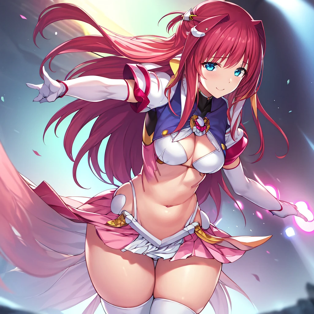 (hyper extreme detailed),(masterpeace),(hyper extreme),(photorealistic),CG,(colour:1.2), beautiful lighting,light from the front, solo,smlie,   Escalayer,pink hair,long hair,hair_ornament,blue eyes,pink dress,white long glove,thigh_boots,