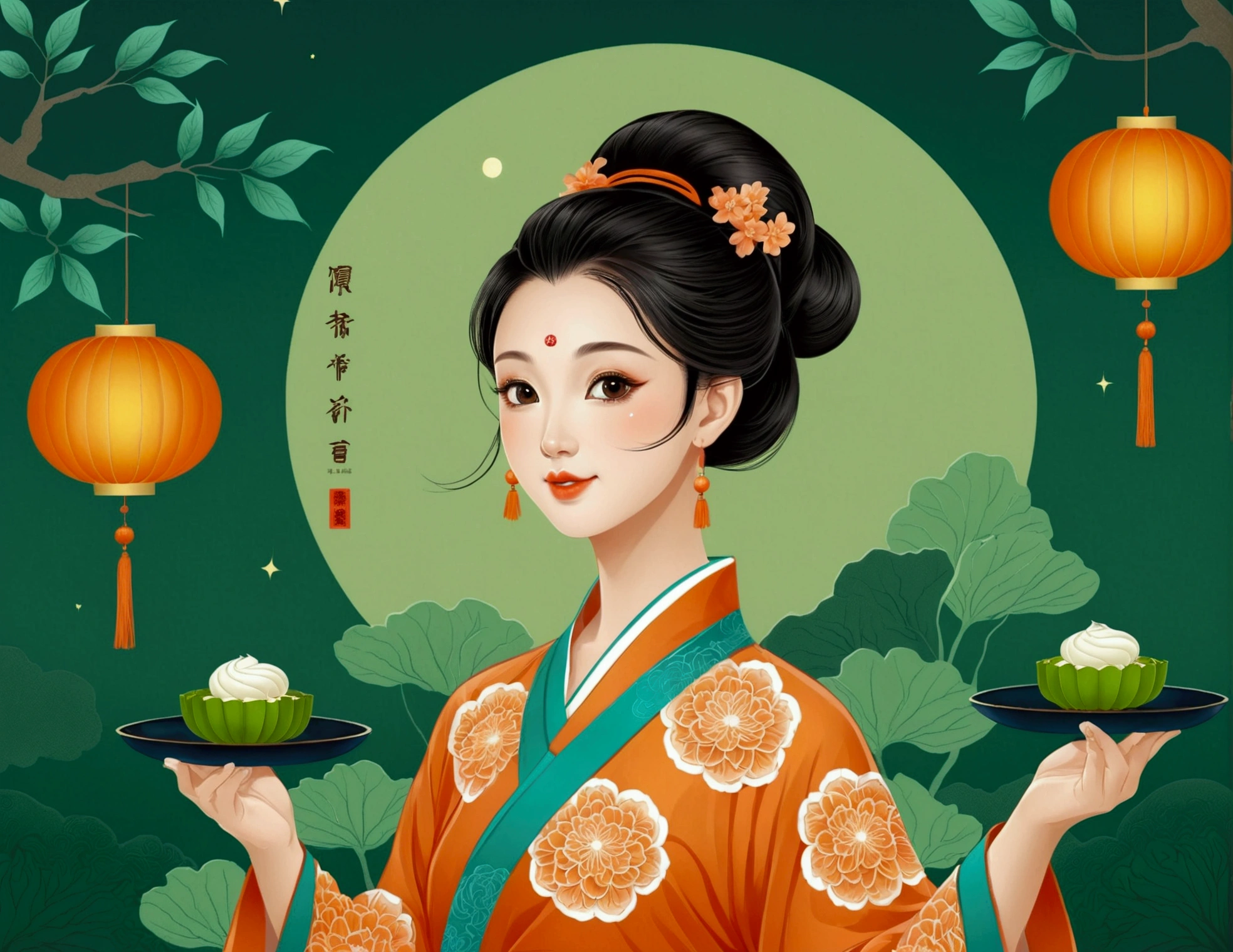 Mid-Autumn Festival poster design，girl，Cyan and Green，Delicious mooncakes，moon，orange color，big eyes，Cute expression，Two hair buns，cheongsam，Cartoon，Fresh，romantic，Simplicity，Modern design