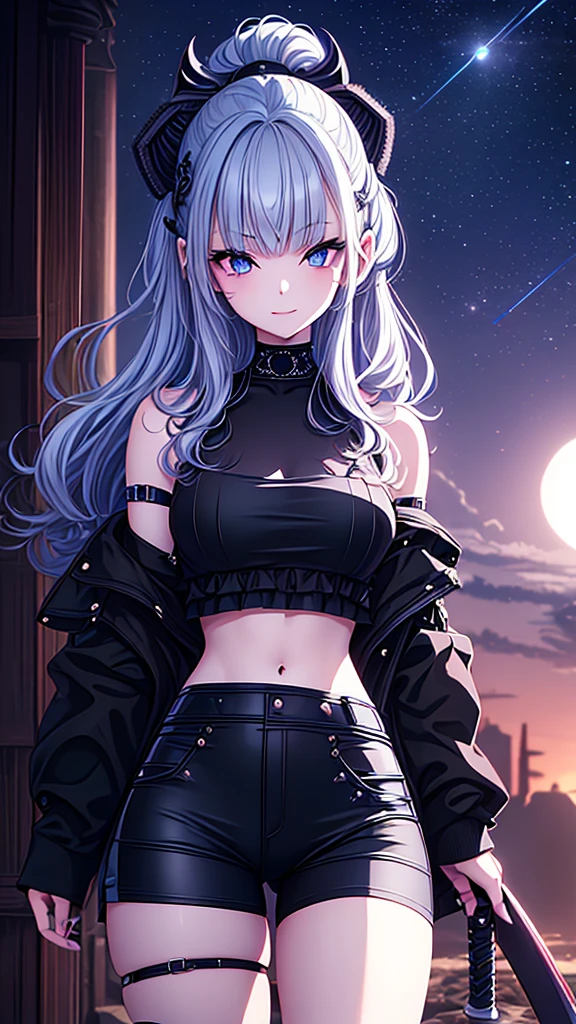 ((best quality)), ((masterpiece)), (detailed), une fille, visage parfait, curly hair, decorated cheveux, ultramarine blue eyes,(

A gorgeous girl wearing a black crop top with black short shorts, her hair was long and smooth, her hair was as metallic as black brimstone, her eyes sparkled a mysterious black purple color, she She holds a black Katana with a dark purple glowing blade, detailed sword and 1080p textures, her face is facing the moon and she is smiling, set in a deserted area ruins, mysterious sky and few stars in the sky


)
