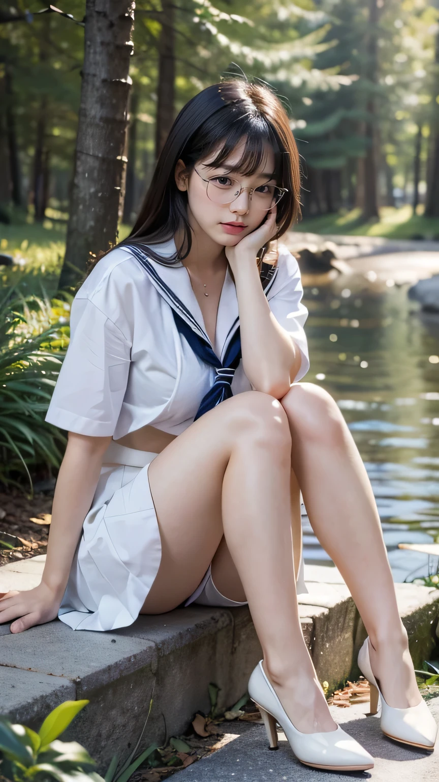 detailed_background, detailed_body, realistic, full body view, 1 girl solo, eye glasses, blushes, dark forest background, straight black hair, blunt bangs, cleavage, bigboobs, large_tits, heels, small waist, see-through white sailor uniform, sailor_serafuku, crotch, groin, pleated_skirt, sitting, panty_shot, cleavage , gray hair, town