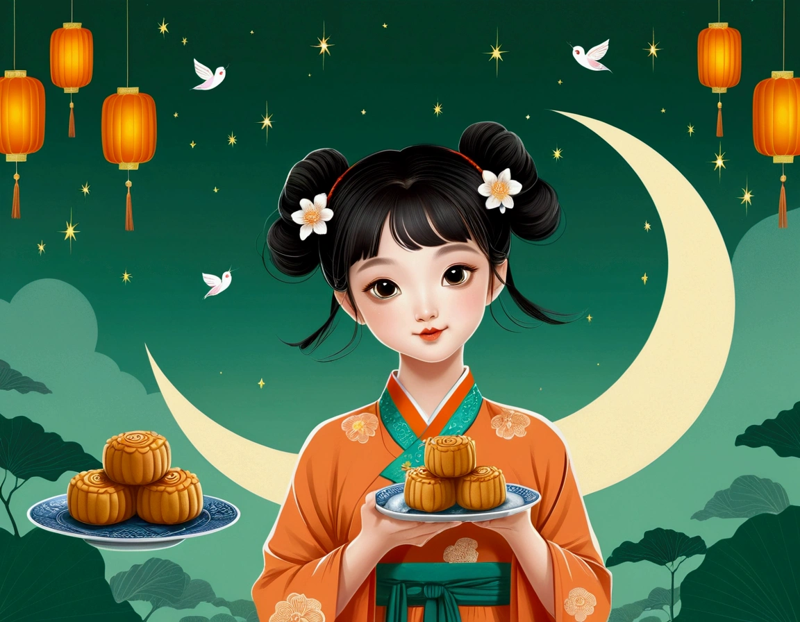 Mid-Autumn Festival poster design，Cute little girl，Cyan and Green，Lots of flying mooncakes，moon，orange color，big eyes，Cute expression，Two hair buns，cheongsam，Cartoon，Fresh，romantic，Simplicity，Modern design