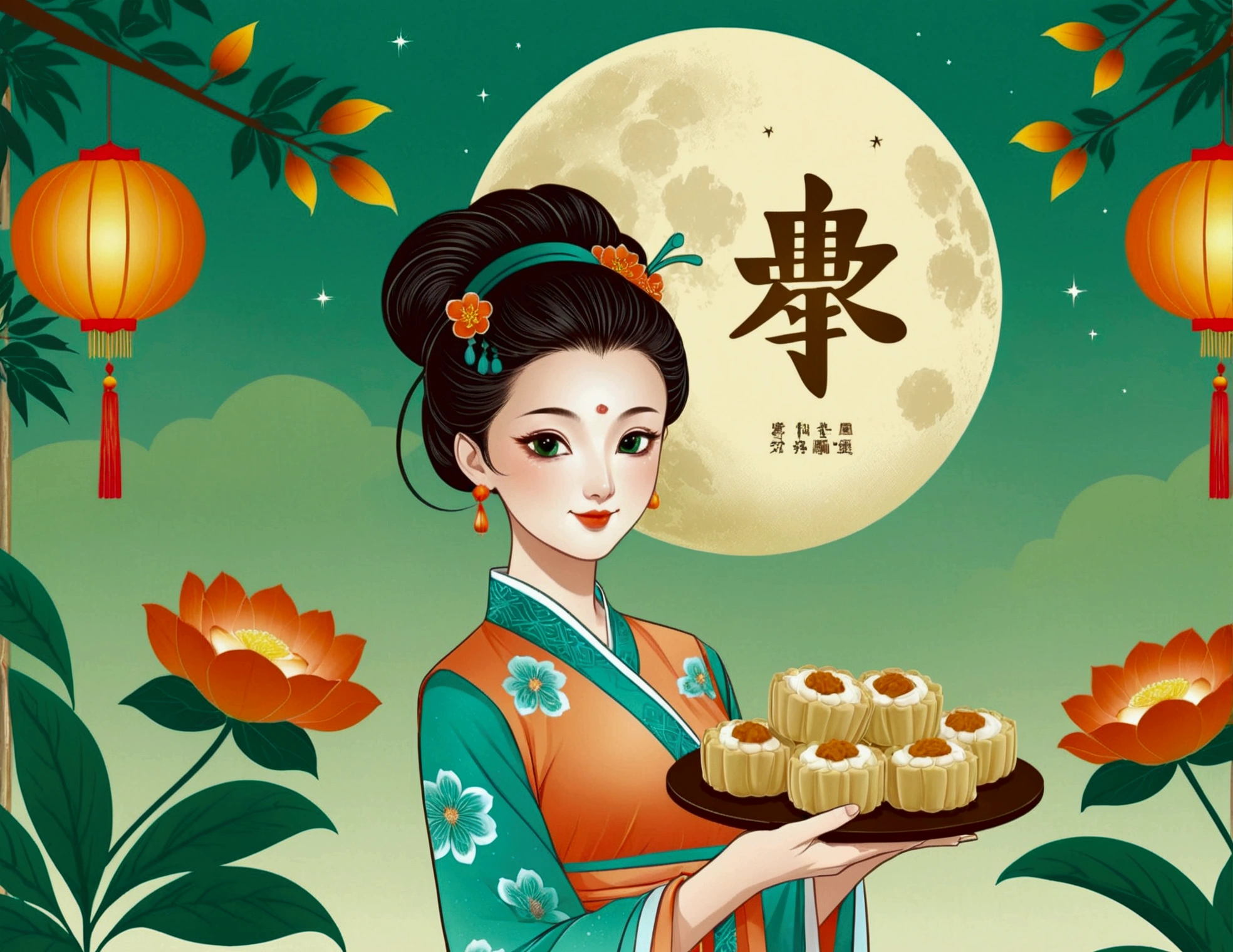 Mid-Autumn Festival poster design，girl，Cyan and Green，Delicious mooncakes，moon，orange color，big eyes，Cute expression，Two hair buns，cheongsam，Cartoon，Fresh，romantic，Simplicity，Modern design