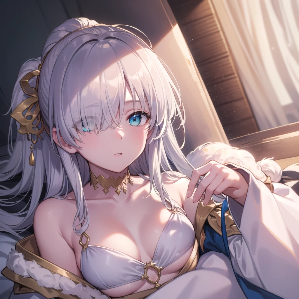 ((upper body)),((Sleeping in bed)),Overhead Shot,fgo anastasia,, blue eyes, Grey Hair, Hair between the eyes, (Hair on one eye:1.5), Long Hair, bangs,Exposed shoulders,Beautiful eyes like jewels,((((Portrait of a single person)))),
break blue Cape, brown hair band, Cape, dress, Fur trim, hair band,, sash, tachi-e, White Bikini, Wide sleeves,
break looking at viewer,
break indoors,((ponytail)),
break (masterpiece:1.2), Highest quality, High resolution, unity 8k wallpaper, (figure:0.8), (Beautiful attention to detail:1.6), Highly detailed face, Perfect lighting, Highly detailed CG, (Perfect hands, Perfect Anatomy),