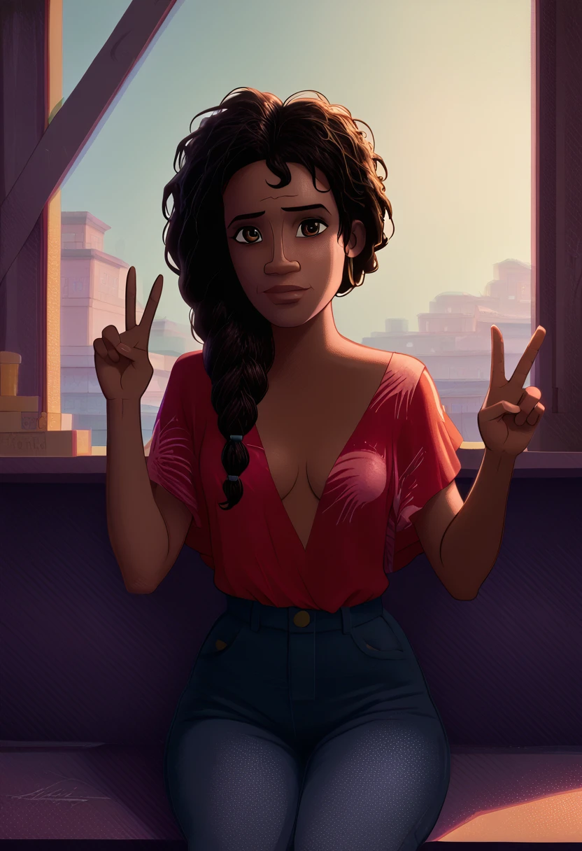 Morales River, 1 girl, 独奏, Bblack hair, darkskin, mulher de darkskin, bared shoulders, breasts big, strapless, bare arms, ssmile, plein-air, short top, peace sign, tilt your head, tiro de cowboy, coxas nuas, ((short doll)), facing the front, 1 girl, alone, ssmile saliente, gazing at viewer, fully body, pose, best qualityer, no flaws