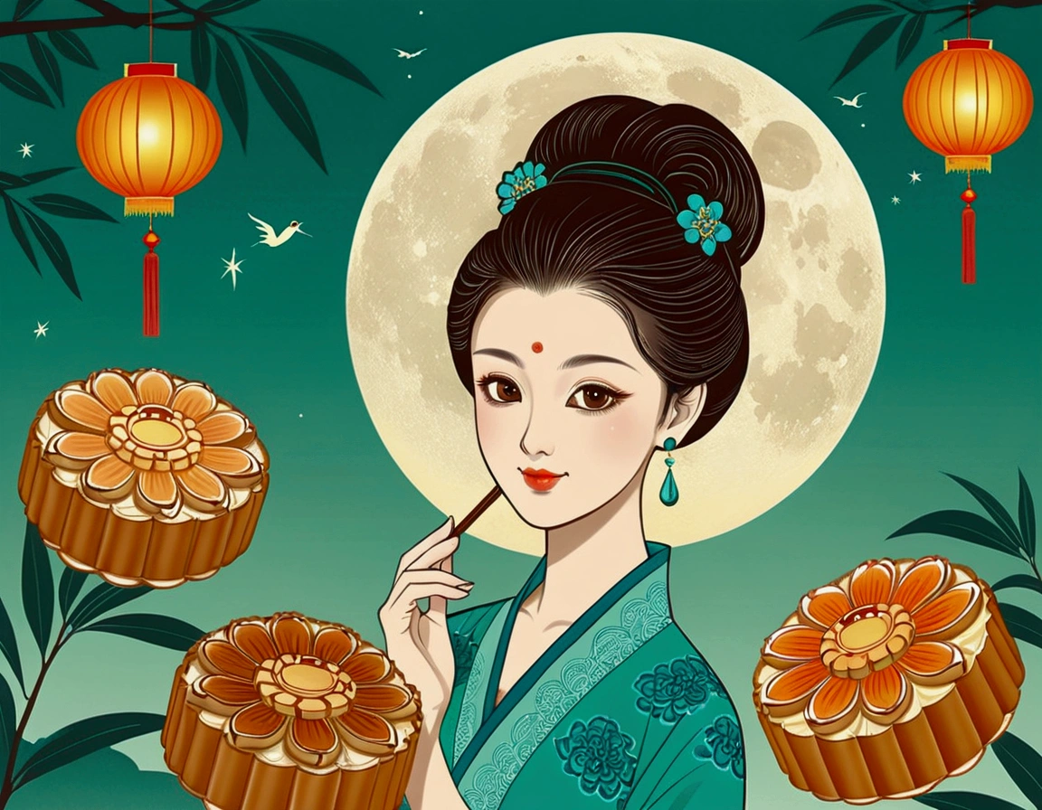 Mid-Autumn Festival poster design，girl，Cyan and Green，Delicious mooncakes，moon，orange color，big eyes，Gluttonous expression，cheongsam，Cartoon，Fresh，romantic，Simplicity，Modern design，Paper Cutting，