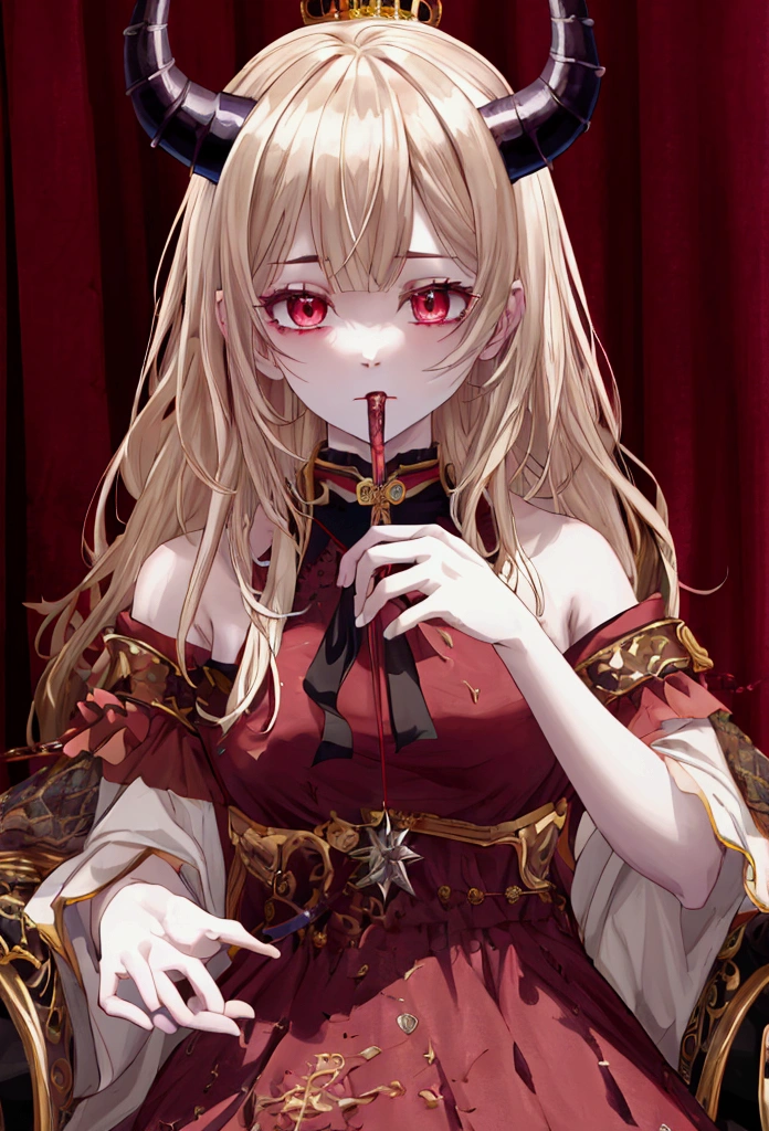 
uhd, accurate, anatomically correct, super detail, textured skin, high details, high quality, best quality, award winning, highres, 16K、High School Girl Demon King、The Demon Lord 、throne、Devil horns、Royal Palace Background、黒い翼