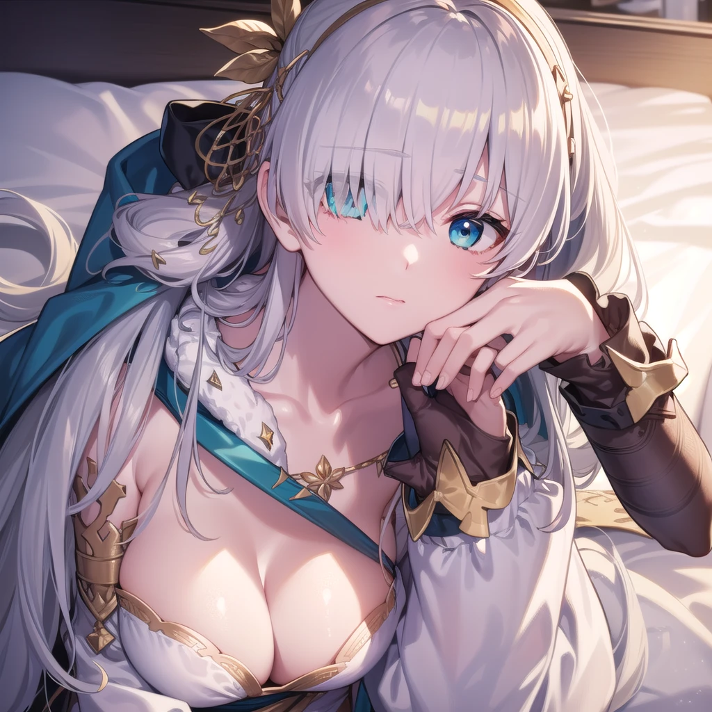 ((upper body)),((Sleeping in bed)),Overhead Shot,fgo anastasia,, blue eyes, Grey Hair, Hair between the eyes, (Hair on one eye:1.5), Long Hair, bangs,Exposed shoulders,Beautiful eyes like jewels,((Portrait of a single person))
break blue Cape, brown hair band, Cape, dress, Fur trim, hair band,, sash, tachi-e, White Bikini, Wide sleeves,
break looking at viewer,ponytail,
break indoors,
break (masterpiece:1.2), Highest quality, High resolution, unity 8k wallpaper, (figure:0.8), (Beautiful attention to detail:1.6), Highly detailed face, Perfect lighting, Highly detailed CG, (Perfect hands, Perfect Anatomy),