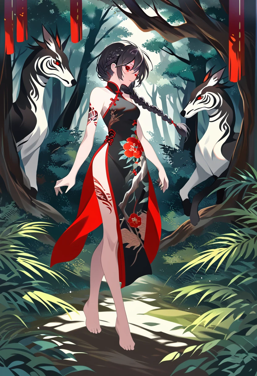 BREAK Perfect Anatomy、(High resolution:1.2)、Incredible illustrations、(Cute illustrations:1.2)、() （Beautiful background(forest)) 1 girl(Black hair, long hair, single braid, red eyes,tattoos, )(young adult woman:2.0)jungkook cheongsam dress(Full body view)