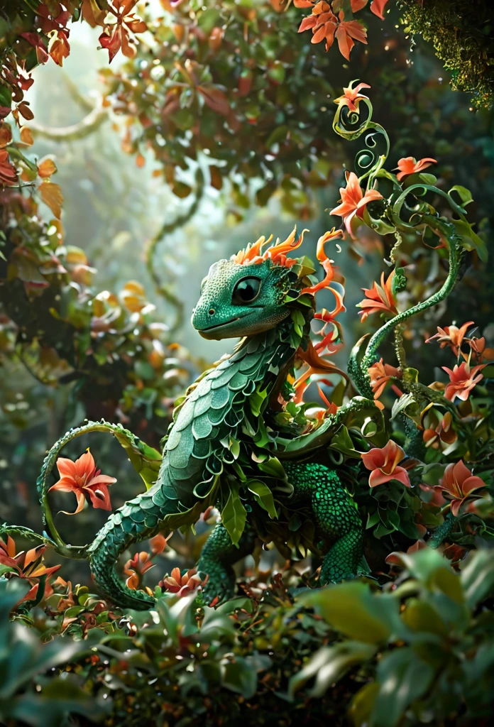 illustrious, Darling, kraken hatchling, dancing on leaves and flower petals made of g1h3r, grsw and covered in fractal vines, intricate details, colorful, magical, realism, hyperrealistic, fractalvines, 