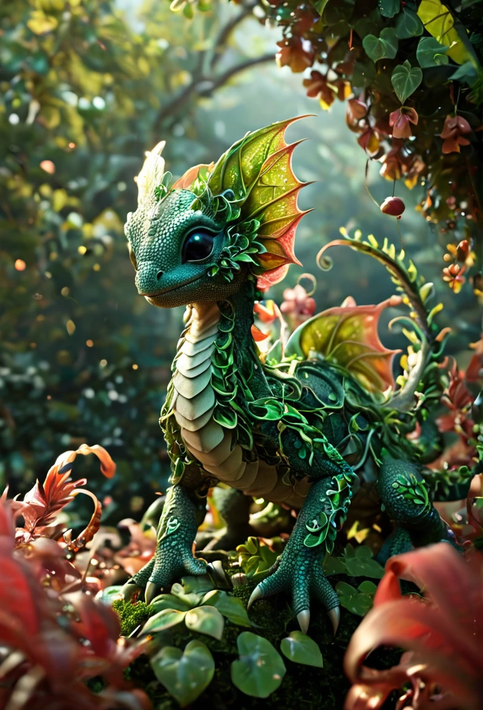 illustrious, Darling, kraken hatchling, dancing on leaves and flower petals made of g1h3r, grsw and covered in fractal vines, intricate details, colorful, magical, realism, hyperrealistic, fractalvines, 