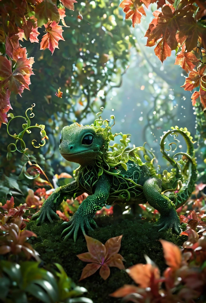 illustrious, Darling, kraken hatchling, dancing on leaves and flower petals made of g1h3r, grsw and covered in fractal vines, intricate details, colorful, magical, realism, hyperrealistic, fractalvines, 