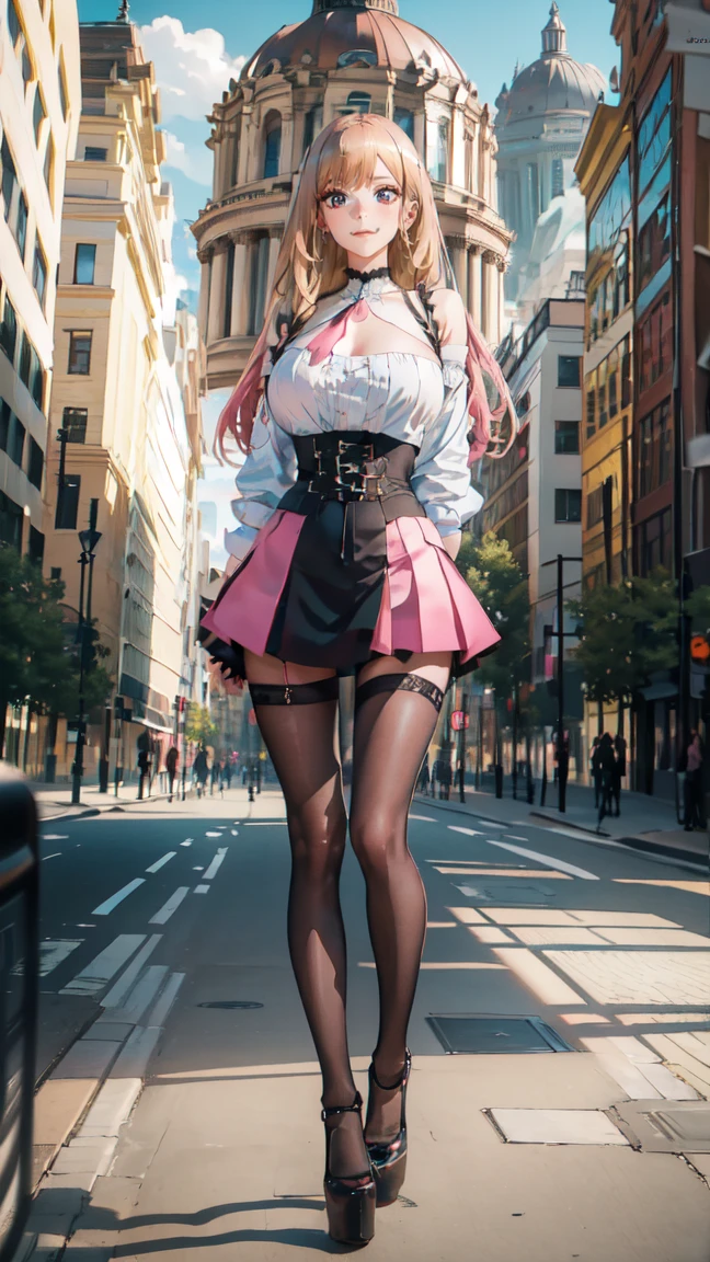 ((masterpiece, high resolution, better quality, better details)), ((Marin Kitagawa)), ((Smiling)), ((one girl)) a girl modeling standing in the city, mini skirt, blouse, ((big neckline)), ((platform high heels)), pink eyes with black outline, (light blonde hair, straight hair, straight bangs, long hair)), long nails, pink nails, shiny skin, solo, bare shoulders, full body, focus full body, high heels, ((black stockings)), ((wide hips)), ((thin waist)), ((huge tits)), 