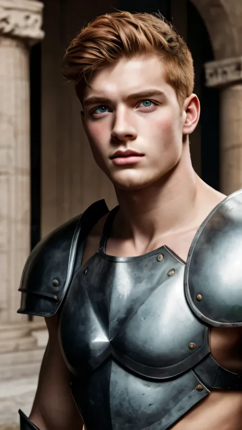 Portrait, 1boy, 20 years old, armor, warrior, bbreastplate armor, ancient Rome, handsome, Greek model, ginger boy, readhead, red...