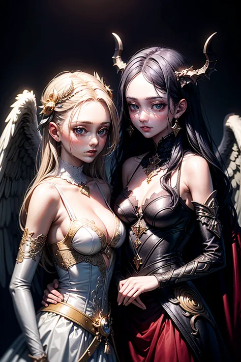 ((Highest quality)), ((masterpiece)), (detailed), Angel and devil facing each other、wing