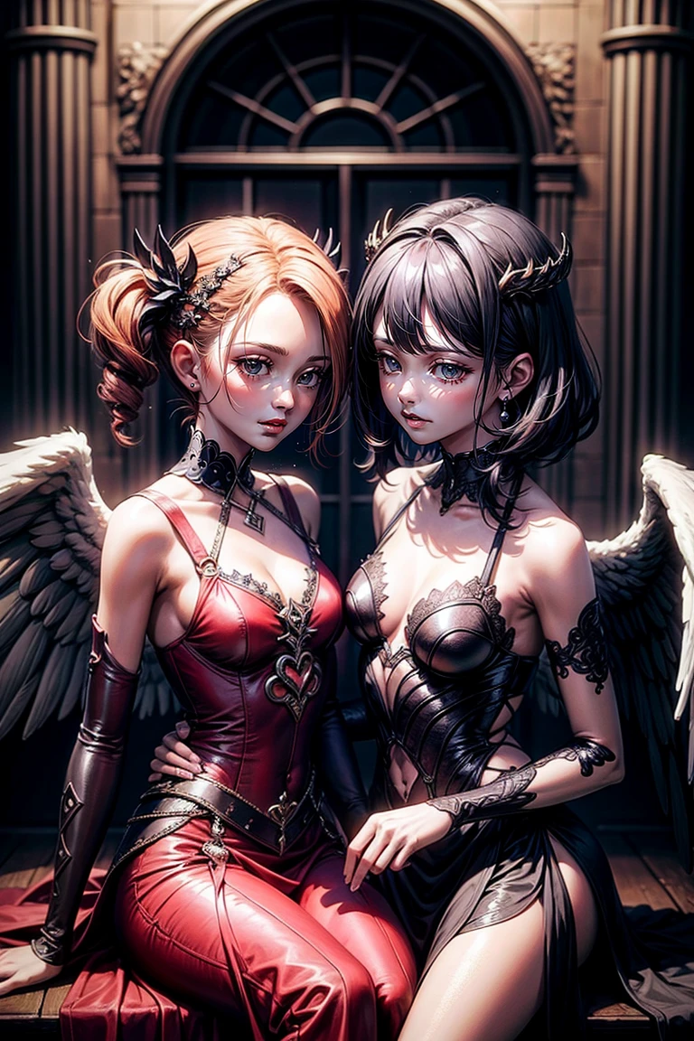 ((Highest quality)), ((masterpiece)), (detailed), Angel and devil facing each other、wing