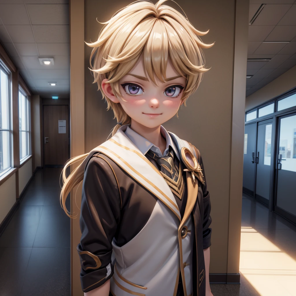 4k,detailed landscape,photorealistic,ultra-detailed,8k,HDR,dramatic lighting,vivid colors, in school hallway, school, smug expression, smug face