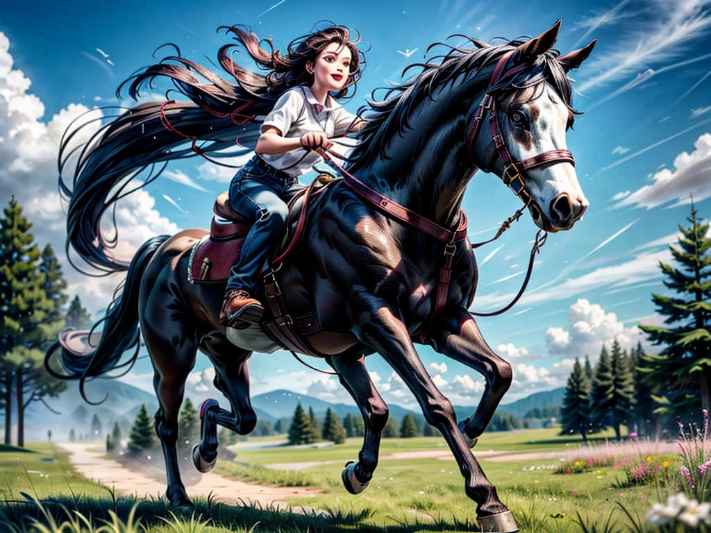 huge draft horse with beautiful wire., Dalana, Swedish, Running cheerfully in grass meadow , contemporary art, Photorealistic , Very high resolution artwork , 8K ,  pine forest, bright blue sky. BBW ebony rider.