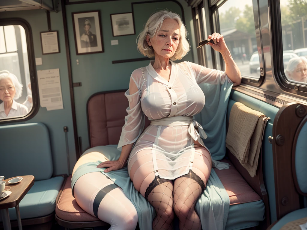 In the soft afternoon light, inside a moving bus, an elderly woman sits with a composed grace. The background outside the window is a blur of passing scenery, as if the world itself is in motion around her tranquil presence. She is draped in a luxurious silk robe that drapes elegantly around her form, its smooth texture contrasting with the lines etched by time on her skin. Her hair, now a pure white, is neatly arranged, framing her aged face where each wrinkle speaks volumes of a life fully lived. Despite the signs of age, there is a quiet dignity and a sense of peace about her, as if she has come to terms with and embraces the beauty of her later years.an old sleeping mom who is wearing the pantyhose and garter belt stockings and fishnet stockings，fleshy thigh ，thick thigh ，big round breasts，huge breasts ，perfect body