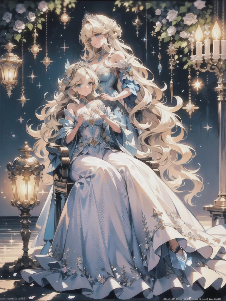 rococo, crystal clear, sparkling, otherworldly, (enchanting and magical), highres, ultra detailed, beautiful, masterpiece, best quality, (gorgeous:1.2), (dreamy), (ethereal:1.2), long flowing hair, delicate white lace dress, (tiara:1.2), (sunset) background, (soft) lighting, (romantic), (nostalgic:1.2), (serene), (mystical), (feminine), detailed shining light blue eyes, detailed shining dark yellow hair, impressive castle, towering turrets, winding bridges, flowing fountains, glittering chandeliers, ornate details, lush gardens, colorful flowers, magical creatures, dreamy atmosphere