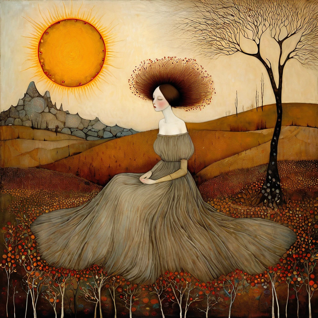 Art style by Klimt, Sam Toft, Florine Stettheimer, Dina Wakley, Catrin Welz-Stein, Gabriel Pacheco, Elisabeth Fredriks. A woman, brown hair, sitting in a barren land split by the sun, bare trees withered. She wears, a light dress that lets her breasts show and a wide skirt with motifs of lakes, mountains hills, skies, water and fire spreading around her.
