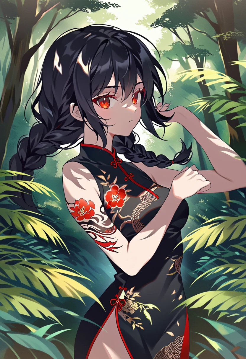 BREAK Perfect Anatomy、(High resolution:1.2)、Incredible illustrations、(Cute illustrations:1.2)、() （Beautiful background(forest)) 1 girl(Black hair, long hair, single braid, red eyes,tattoos, )(young adult woman:2.0)jungkook cheongsam dress