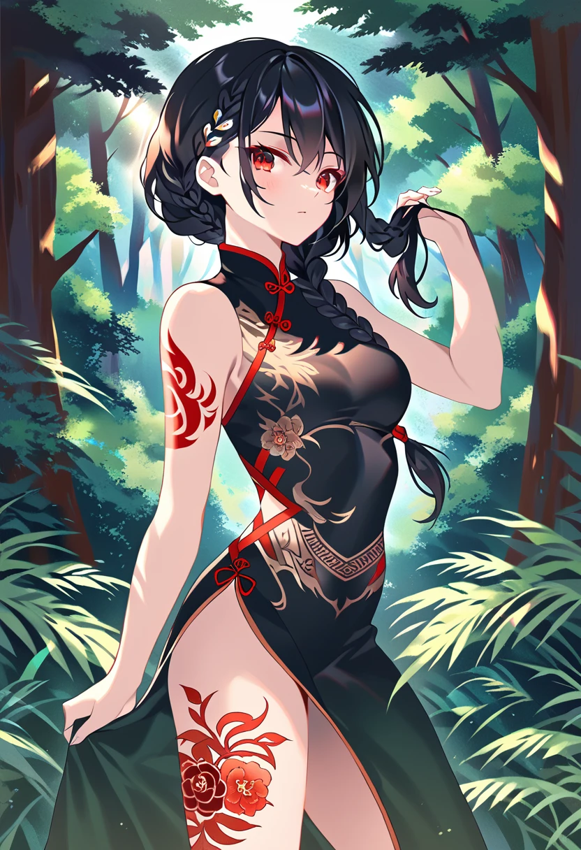 BREAK Perfect Anatomy、(High resolution:1.2)、Incredible illustrations、(Cute illustrations:1.2)、() （Beautiful background(forest)) 1 girl(Black hair, long hair, single braid, red eyes,tattoos, )(young adult woman:2.0)jungkook cheongsam dress