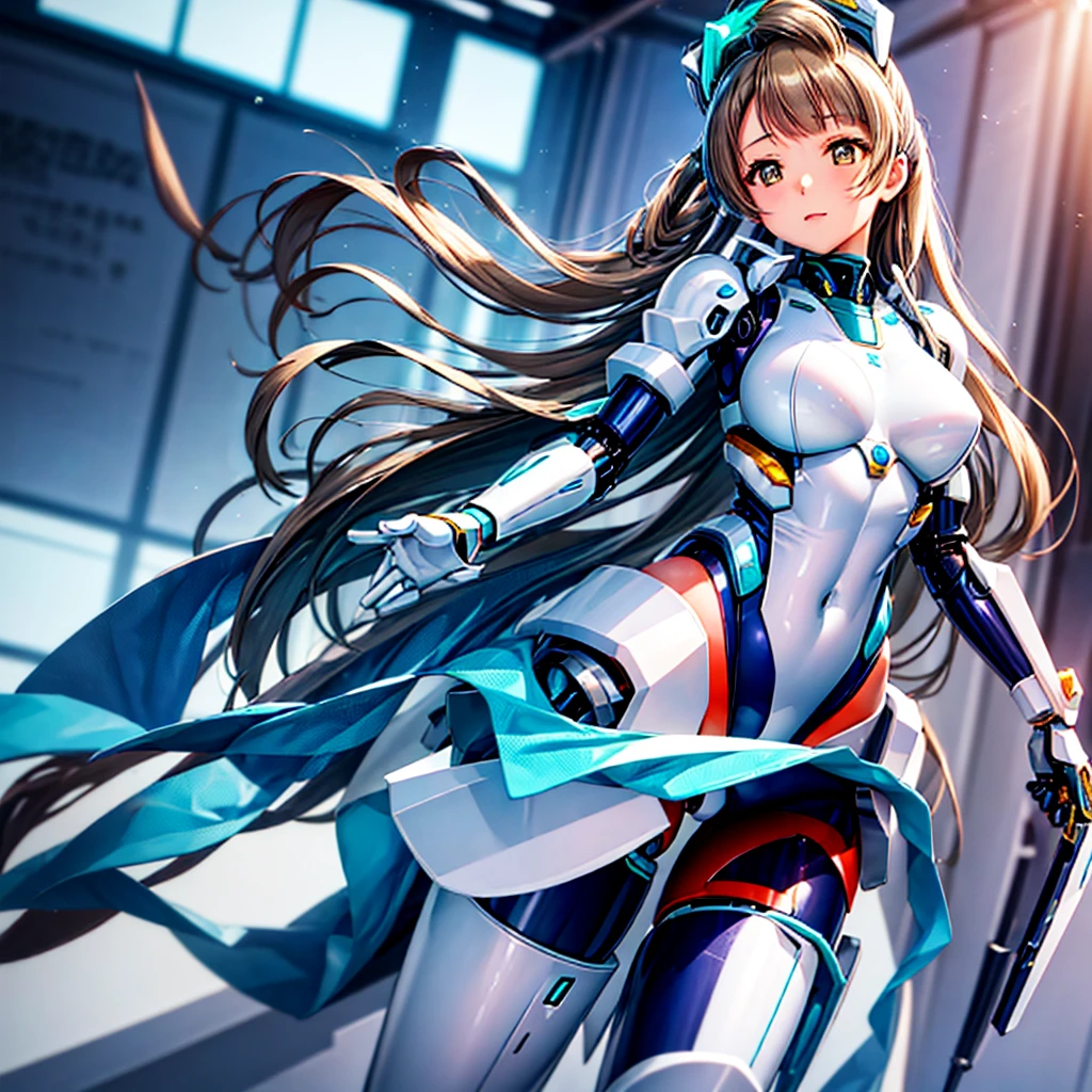 obra de arte, alta qualidade, Durante a operação de modificação mecanizada、Minami Kotori, que foi transformado em um ciborgue de corpo mecânico、Cirurgia de modificação corporal gynoid cyborg、Armadura de collant azul e branco、Todo o corpo, do pescoço para baixo, é usinado com precisão.、imagem única、Da frente,Coloque o corpo todo