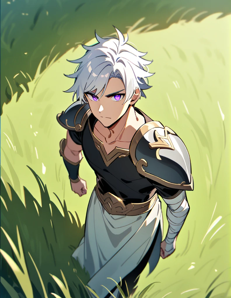 Greek boy with shoulder-length long white hair, violet eyes, one arm covered in bandages, silver shoulder pads and walking in a grass field