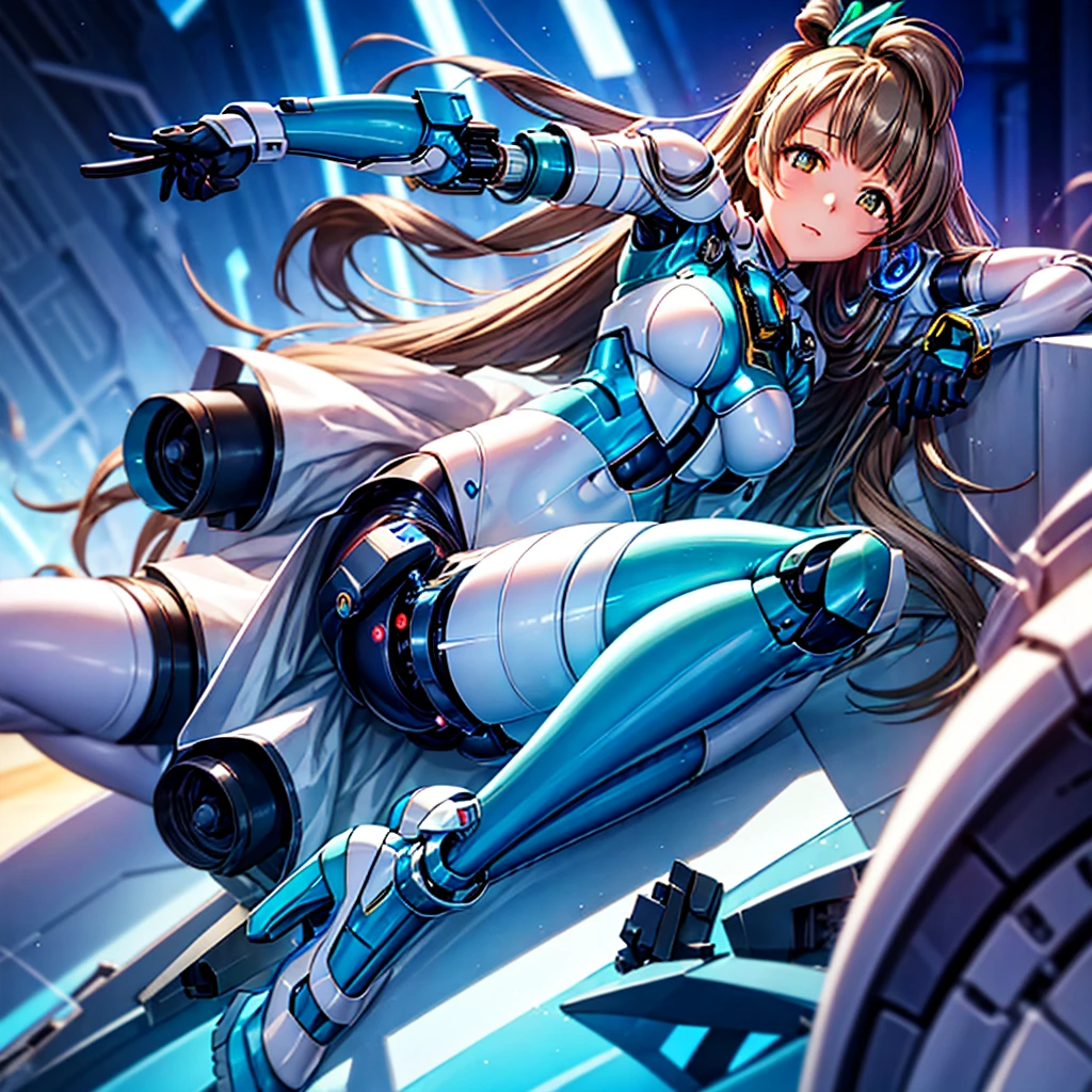 obra de arte, alta qualidade, Durante a operação de modificação mecanizada、Minami Kotori, que foi transformado em um ciborgue de corpo mecânico、Cirurgia de modificação corporal gynoid cyborg、Armadura de collant azul e branco、Todo o corpo, do pescoço para baixo, é usinado com precisão.、imagem única、Da frente,Coloque o corpo todo