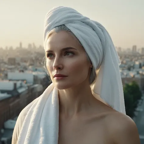 cinematic film still of bright light, bright, a woman with a white towel on her head High-key lighting Style, 1girl, solo,long h...