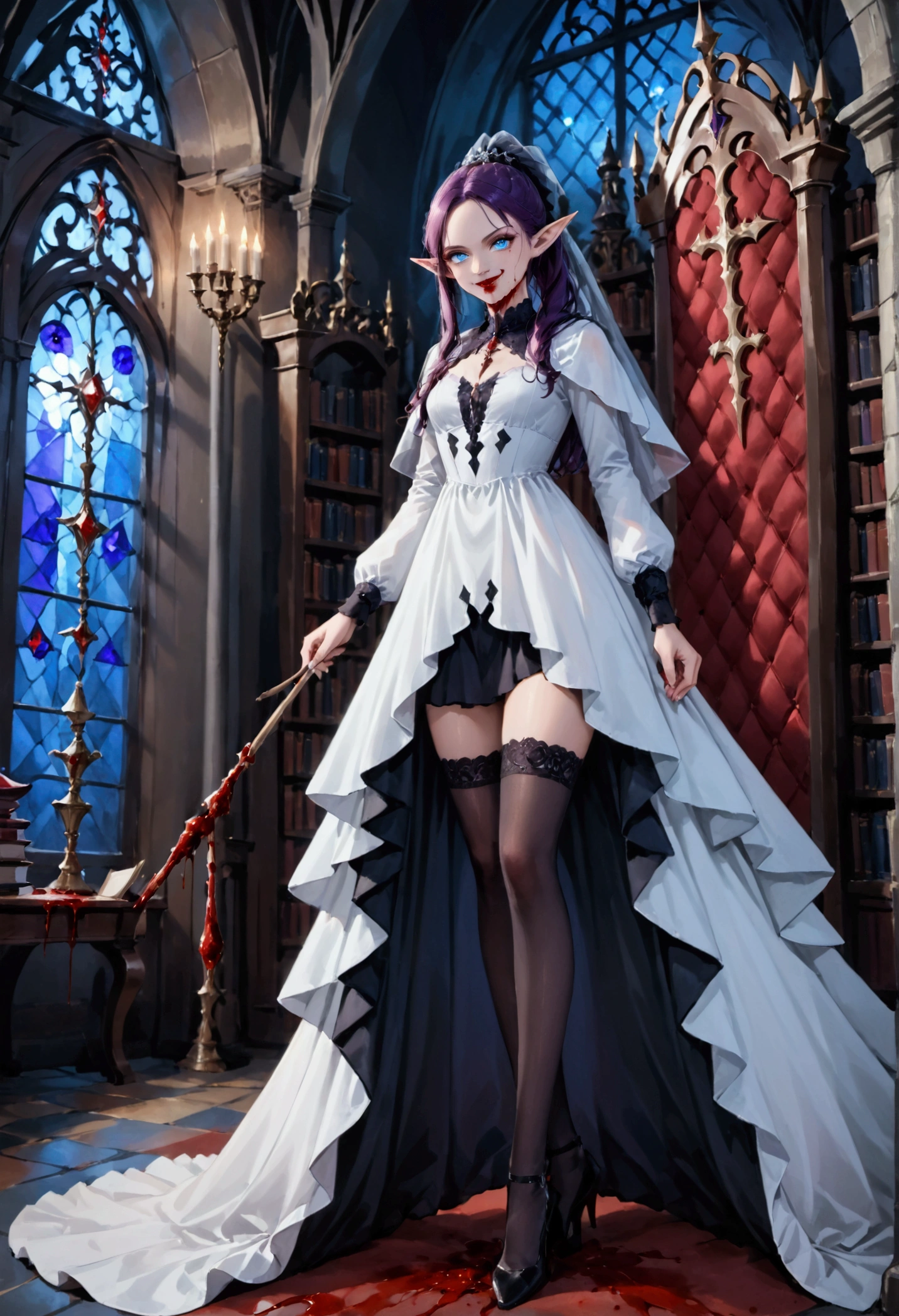 arafed a picture of elf vampire in her castle. an exquisite beautiful female elf vampire (ultra details, Masterpiece, best quality), full body, ((anatomically correct: 1.5) bloody mouth, purple hair, pale skin, hair in a ponytail, long hair, blue eyes, (small pointed ears: 1.2), cold eyes, smirking, wearing white dress (ultra details, Masterpiece, best quality), red cloak, wearing high heels, in dark fantasy library, book shelves, vibrant, Ultra-high resolution, High Contrast, (masterpiece:1.5), highest quality, Best aesthetics), best details, best quality, highres, ultra wide angle, 16k, [ultra detailed], masterpiece, best quality, (extremely detailed) RAW, dark fantasy art, gothic art, wearing Haute_Couture designer dress, Dark Novel, Dark Art Painting Style, dripping blood, hud_s1n, short black dress, long sleeves, veil, thighhighs, digital painting