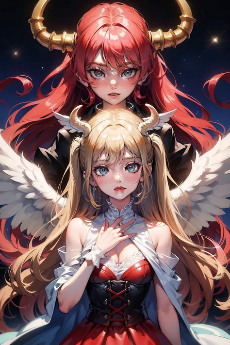 ((highest quality)), ((masterpiece)), (detailed), angel and devil facing each other、wing