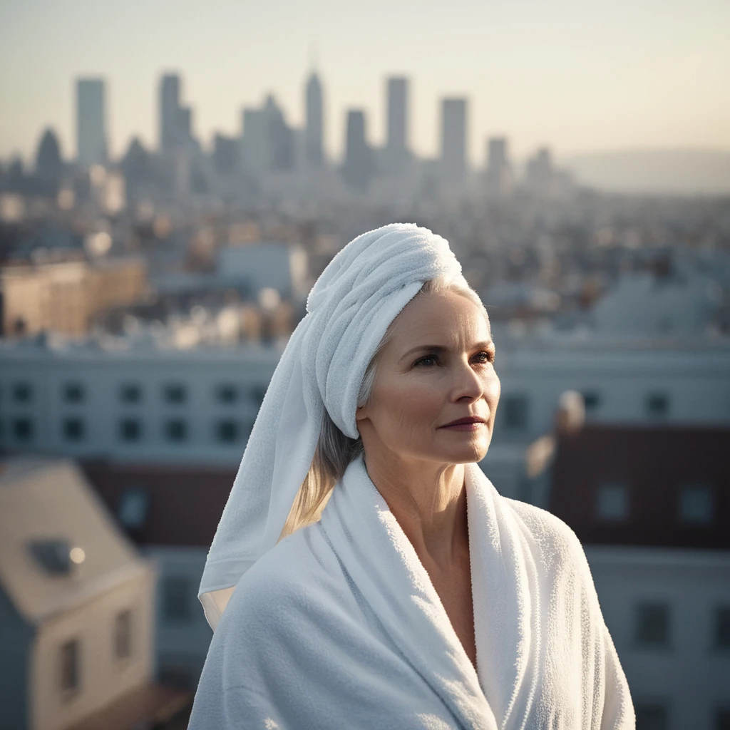 cinematic film still of Hell light, Hell, eine Frau mit einem weißen Handtuch auf dem Kopf High-Key-Beleuchtung Stil, 1 Mädchen, Allein,lange Haare,graue Haare, elder, 50 Jahre alt, auf den Betrachter schauen, Stadthintergrund, Im Pyjama tragen,Stadthintergrund,nackte Schultern,weißes Haar,Lippen,bilden,blasse Haut,realistisch,sie weiß anziehen, geringe Schärfentiefe, vignette, sehr detailliert, Hohes Budget, bokeh, Cinemascope, Launisch, Epos, wunderschön, Filmkorn, körnig