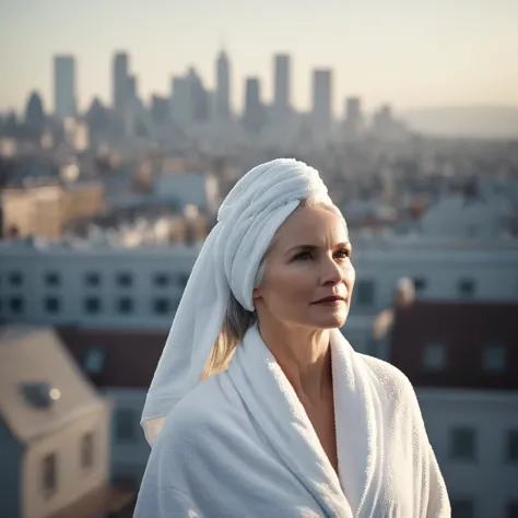 cinematic film still of bright light, bright, a woman with a white towel on her head High-key lighting Style, 1girl, solo,long h...