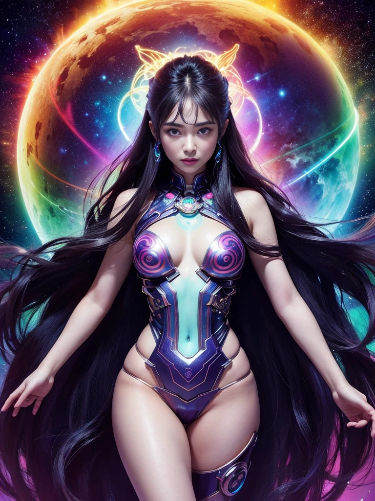 ​masterpiece、top-quality、8K、detaileds、Detailed face and skin、hight resolution、perfect anatomia、physically-based renderingt、Photorealsitic、1 person woman、20yr old、FULL BODYSHOT、Long Wave Hair、accurate anatomy, Woman in bodysuit with glowing body and colorful swirls, psychedelic goddess, goddess of universe, colorfull digital fantasy art, cyborg goddess in cosmos, 3 d neon art of a womens body, colorful aura, psytrance artwork, Goddes of the Galaxy, astral appearance, goddess of space and time, astral ethereal, Portrait of the Goddess of the Universe, fantasy digital art,