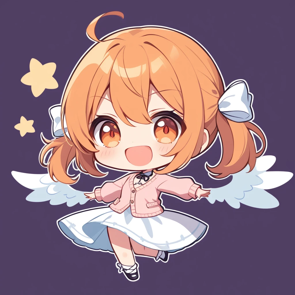 orange hair, orange eyes,girl,Pigtails with the ends tied up,laugh, Chibi, little witch, 1 woman,halterneck,White dress,pink cardigan,panties,Angel Wings