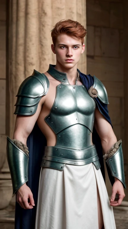 Portrait, 1boy, 20 years old, armor, warrior, bbreastplate armor, cape, armor shoulder pads, beuatiful armor, roman warrior skirt, ancient Rome, handsome, Greek model, ginger boy, readhead, red-hair, albino, pale skin, green eyes, symmetrical, focus on the boy, medium shot, looking at the camera, film grain, young god greek, beauty, pose, super model, warrioir, young god greek beauty, representation of a Greek god, glorious, majestic, supreme, nature, artistic portrait, artistic pose, photography award, realistic