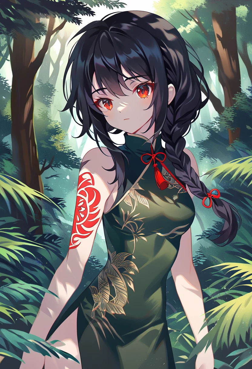 BREAK Perfect Anatomy、(High resolution:1.2)、Incredible illustrations、(Cute illustrations:1.2)、() （Beautiful background(forest)) 1 girl(Black hair, long hair, single braid, red eyes,tattoos, )(young adult woman:2.0)long ruffled cheongsam dress