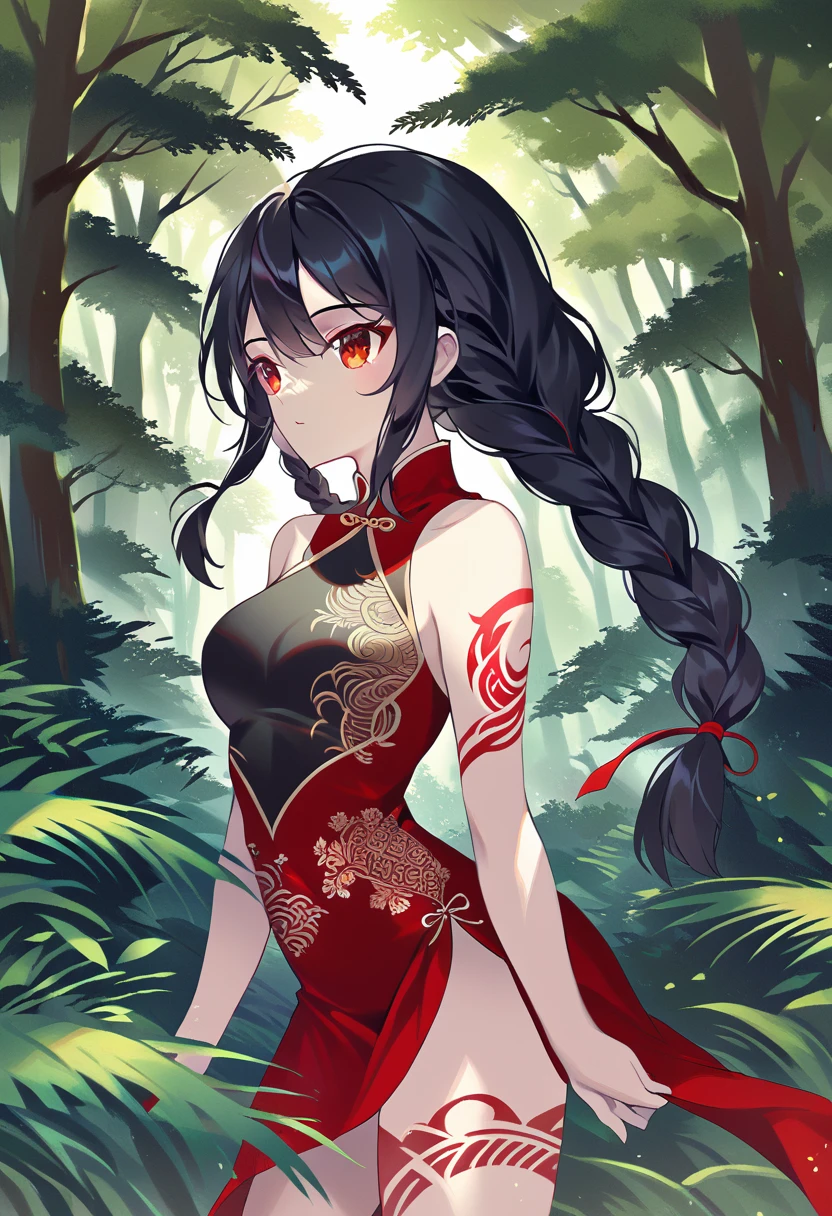 BREAK Perfect Anatomy、(High resolution:1.2)、Incredible illustrations、(Cute illustrations:1.2)、() （Beautiful background(forest)) 1 girl(Black hair, long hair, single braid, red eyes,tattoos, )(young adult woman:2.0)long ruffled cheongsam dress