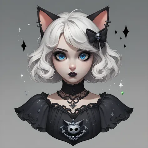 score_9,score_8_up,score_7_up,score_6_up, cute cat, white hair, blue eyes, goth fashion, gothic scene, glitter, whimsical, encha...